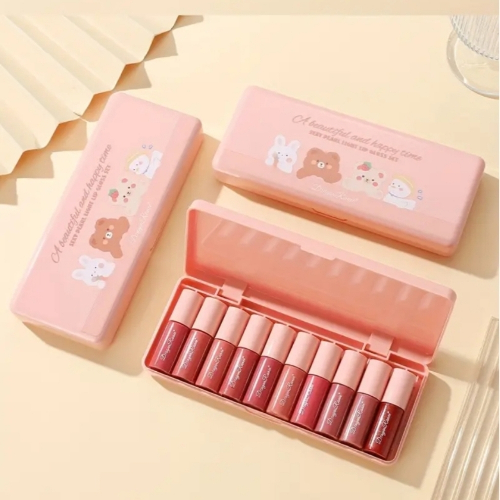 DragonRanee 10pc Kawaii High-Shine Lip Gloss Set | Valentine's Bear & Bunny Gift